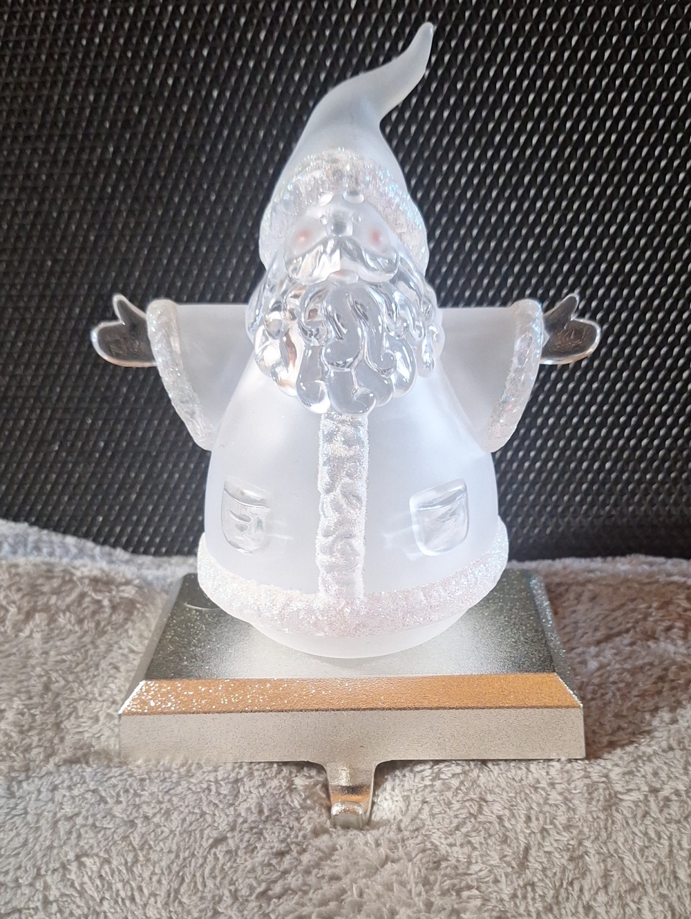 Vintage Frosted Acrylic Santa Stocking holder Figurine with Silver Base